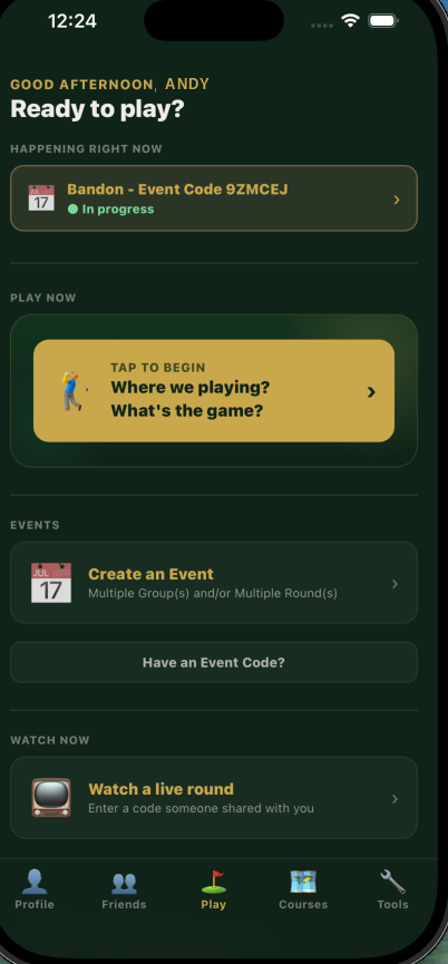 ForeCash Golf home screen showing an event in progress, with options to create an event or join with a code