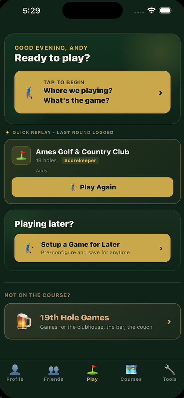 ForeCash Golf home screen showing Ready to play and 19th Hole Games entry